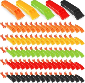 100 Pieces Emergency Whistles with Lanyard Safety Survival Whistles Loud Blast for Safety Camping Hiking Boating Hunting Survival Rescue Signaling