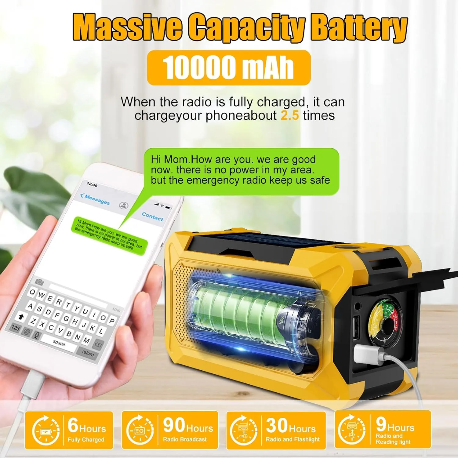10000mAh Emergency Hand Crank Radio with LED Flashlight, AM/FM NOAA Portable Weather Alert Radio, Solar Powered with Phone Charger, USB Charged, Headphone Jack, SOS Alarm, Compass (Yellow)
