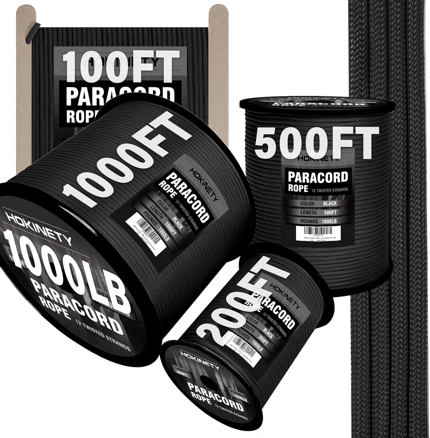 1000Ib Paracord Rope - 100ft / 200ft / 500ft / 1000ft 4mm,12 Strand Parachute Spool Cord,para Cord Lanyard for Camping,Hammock,Clothsline,Hiking,Fishing,Survival braceletand Survival - Black 500FT