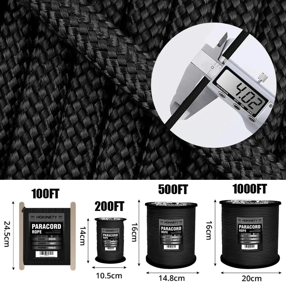 1000Ib Paracord Rope - 100ft / 200ft / 500ft / 1000ft 4mm,12 Strand Parachute Spool Cord,para Cord Lanyard for Camping,Hammock,Clothsline,Hiking,Fishing,Survival braceletand Survival - Black 500FT