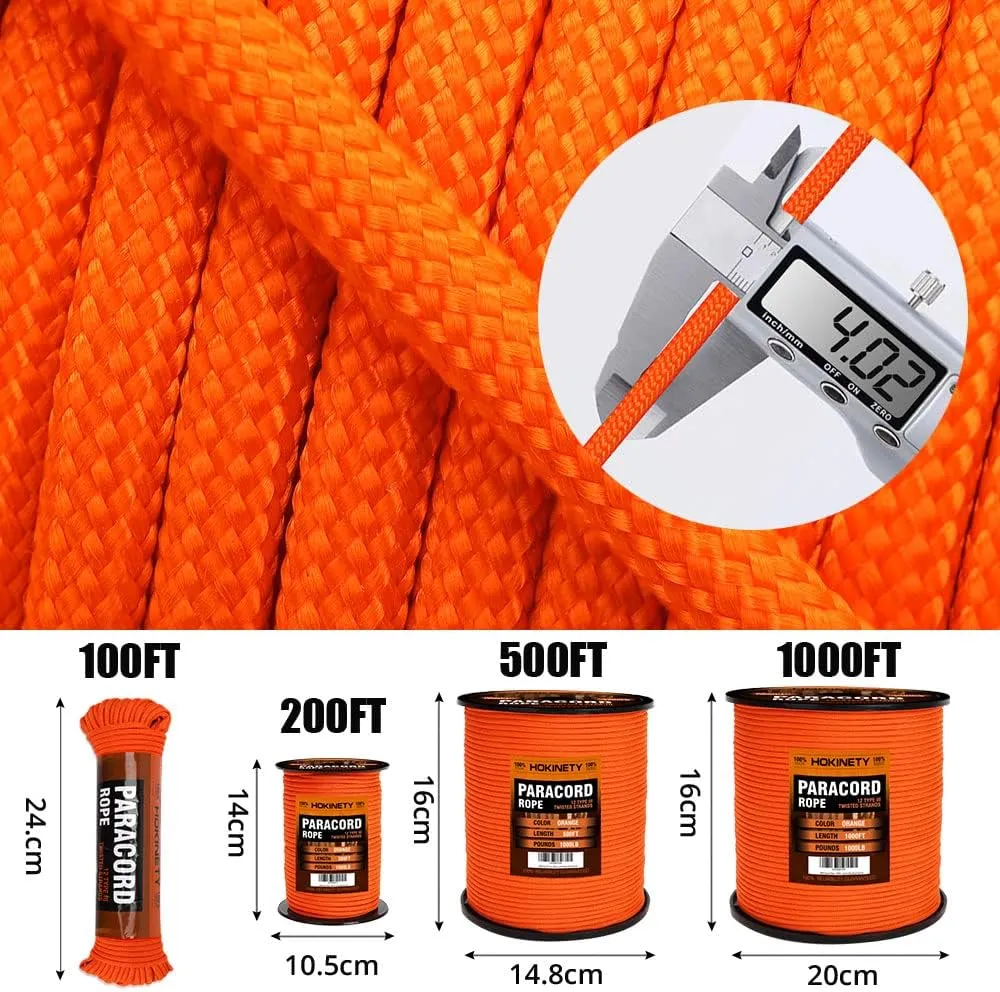 1000Ib Paracord Rope - 100ft / 200ft / 500ft / 1000ft 4mm,12 Strand Parachute Spool Cord,para Cord Lanyard for Camping,Hammock,Clothsline,Hiking,Fishing,Survival braceletand Survival -Orange 1000FT