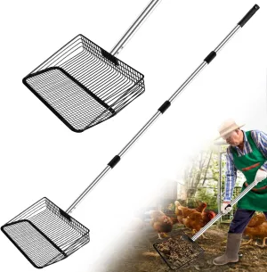 10inch Large Metal Chicken Poop Scooper & Chicken Coop Scoop, 3-Level Adjustable Chicken Coop Scooper for Sand with Stainless Steel Handle, 4-in-1 Multi-Function Heavy Duty Manure Screening Shovel