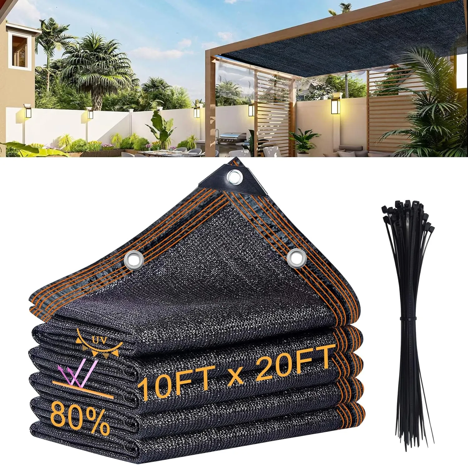 10x 20ft Garden Shade Cloth, 80% Black Mesh Tarp with Reinforced Grommets, HDPE Material Sun Shade Netting for Greenhouse, Garden, Yard Plant, Chicken Coop, Patio, Pergola