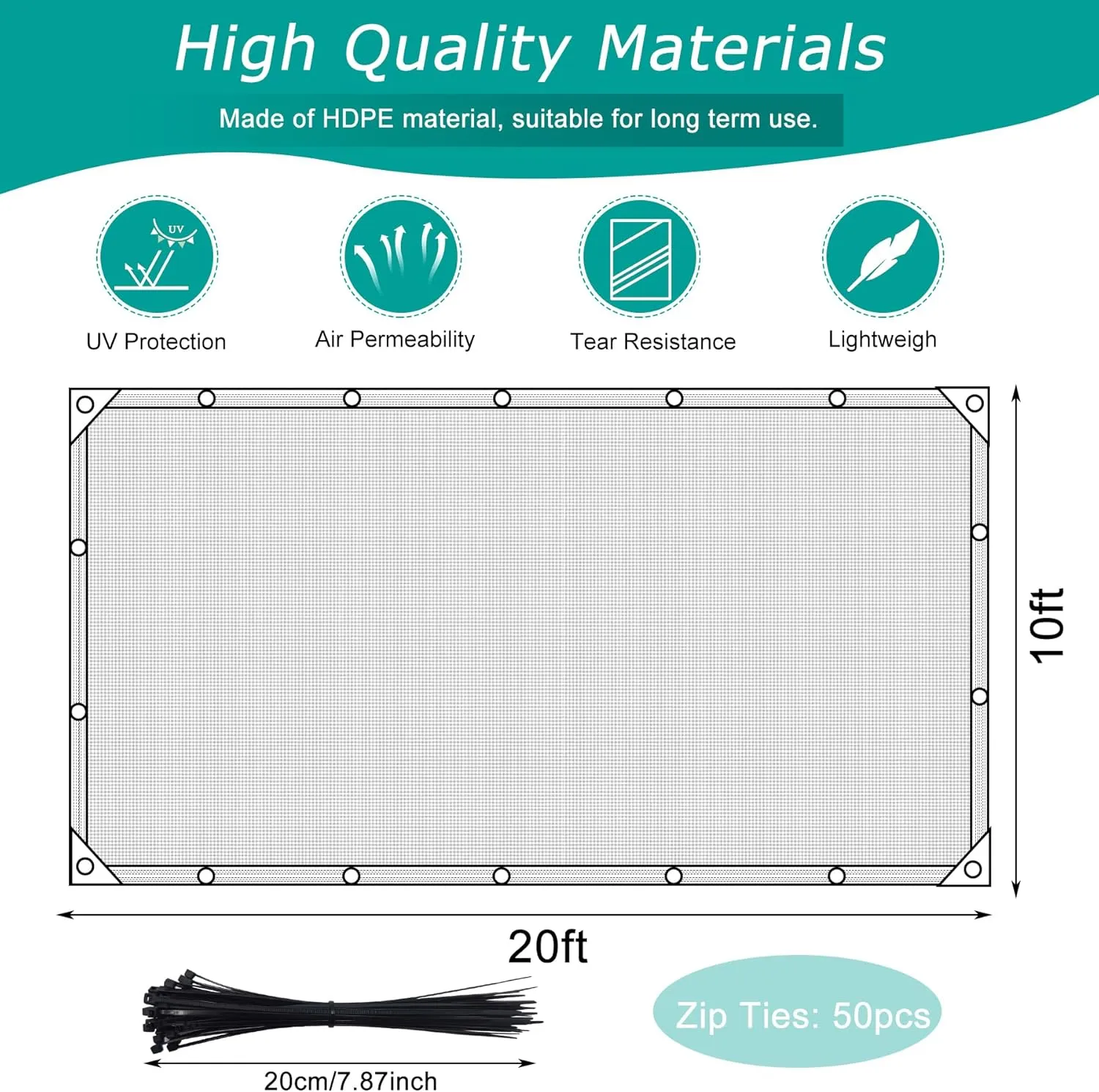 10x 20ft Garden Shade Cloth, 80% Black Mesh Tarp with Reinforced Grommets, HDPE Material Sun Shade Netting for Greenhouse, Garden, Yard Plant, Chicken Coop, Patio, Pergola