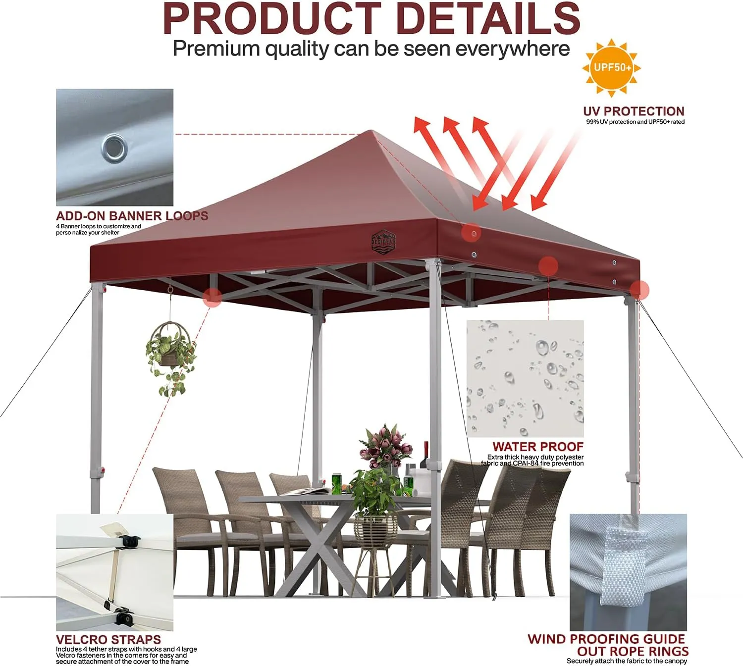 10x10 Heavy Duty Pop Up Canopy Replacement Top, 10x10 Canopy Replacement Top Waterproof UV Protection,600D Oxford Fabric Outdoor Tent Cover for Backyard/Patios/Parties/Camping Sun Shade (Burgundy)