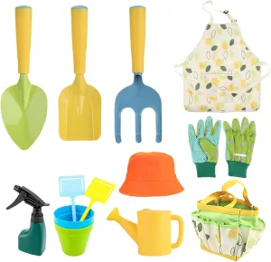 11PCS Toddler Gardening Set, Kids Gardening Set Including Shovel, Rake, Watering Pot, Gloves, Apron, Hat, Flowerpot ＆ Tote Bag, Kids Gardening Tools for Boys Girls