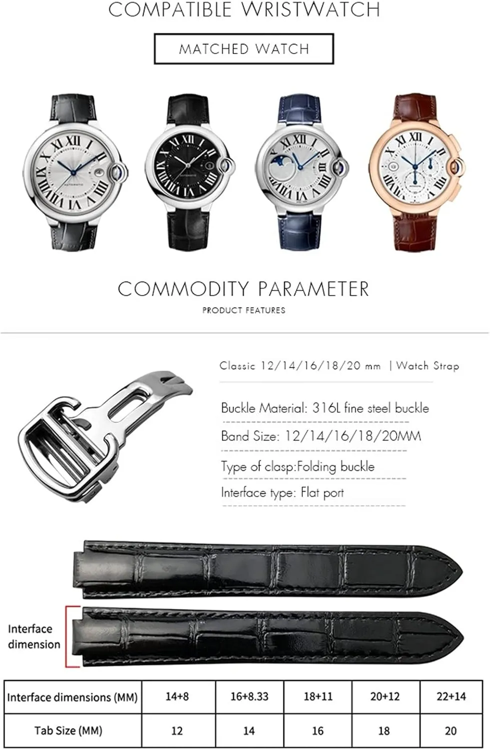 12mm, 14mm, 16mm, 18mm, 20mm 316L Fine Steel Brushed Butterfly Folding Watch Buckle For Cartier Blue Balloon