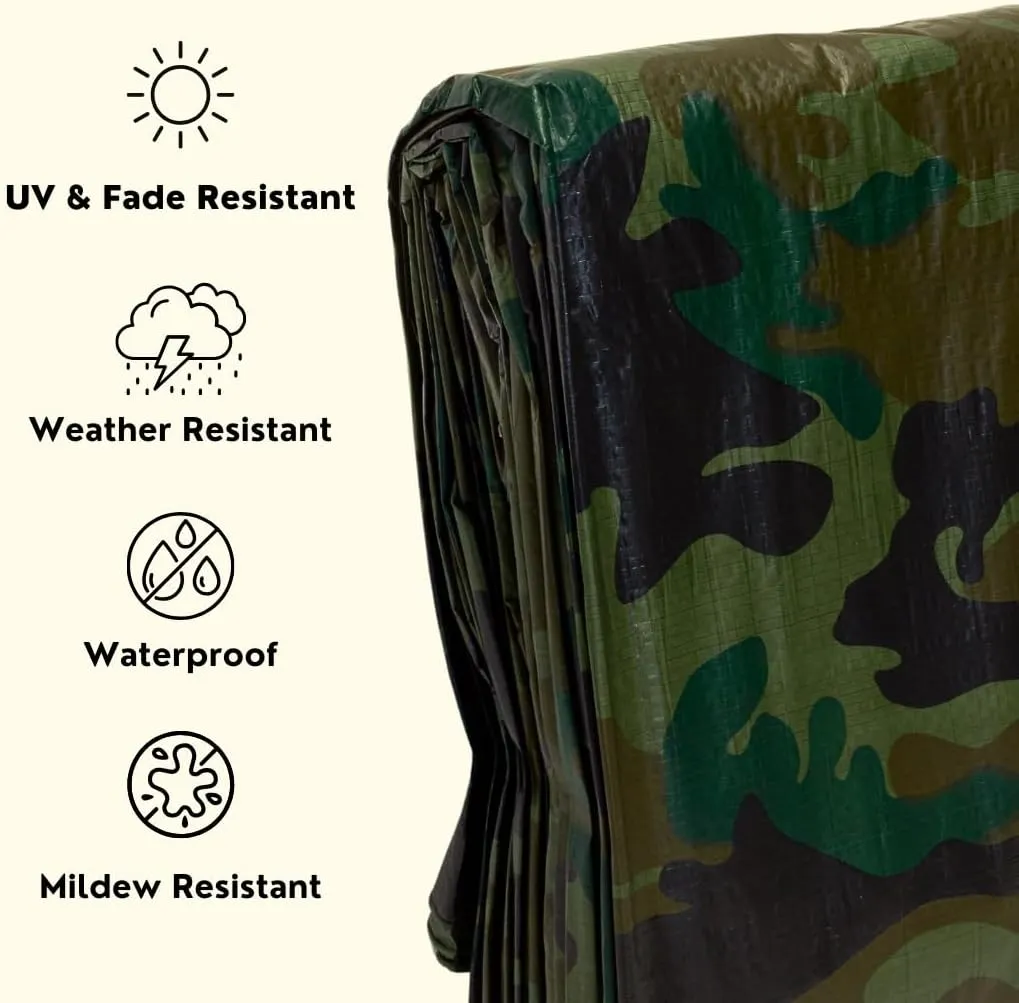 12'x16' Multipurpose Camouflage Poly Tarp with Aluminum Grommets and Reinforced Edges & Corners, Waterproof, UV Resistant 5 Mil Protective Cover for Camping, Hunting, Outdoor Use