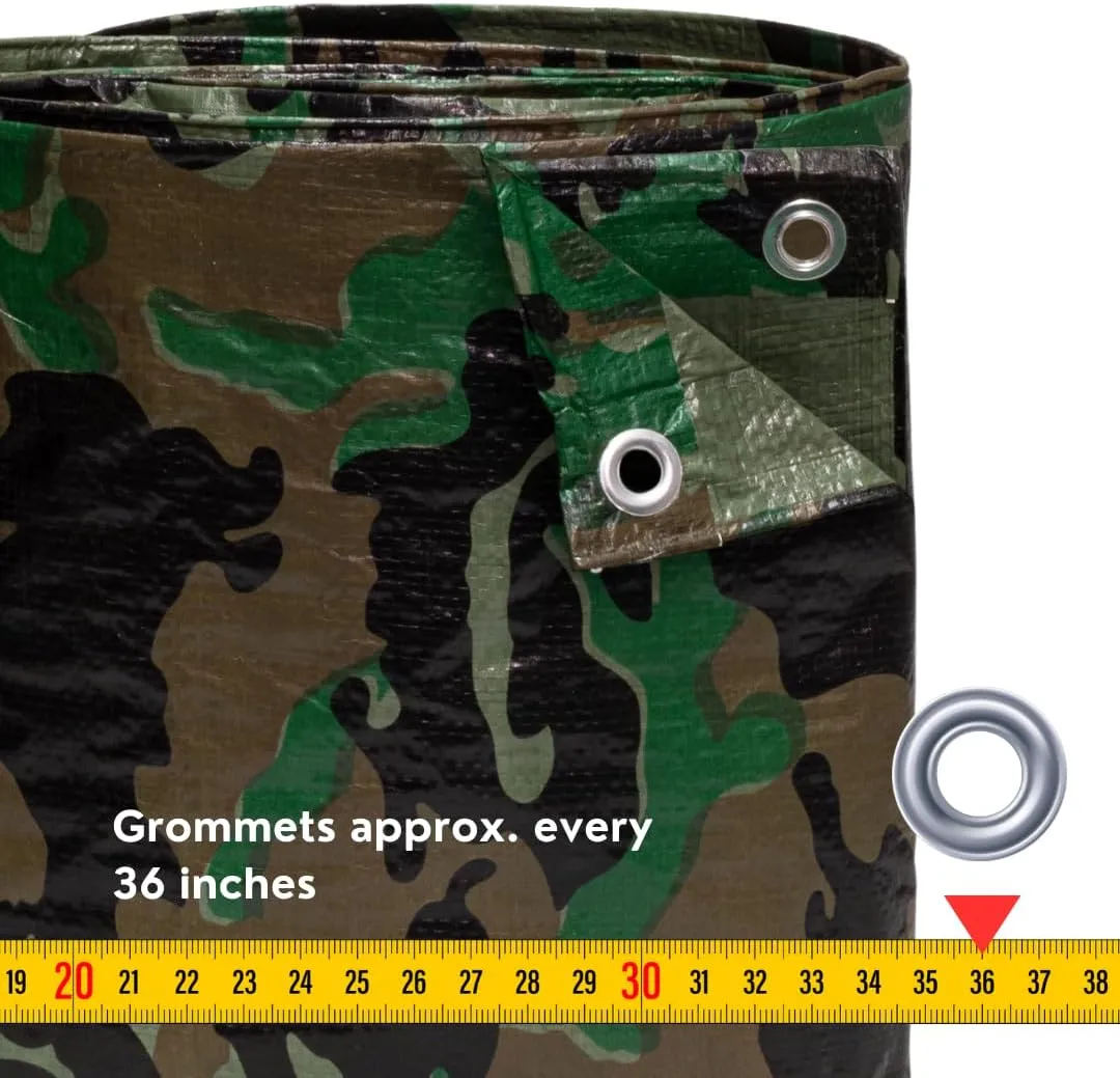 12'x16' Multipurpose Camouflage Poly Tarp with Aluminum Grommets and Reinforced Edges & Corners, Waterproof, UV Resistant 5 Mil Protective Cover for Camping, Hunting, Outdoor Use