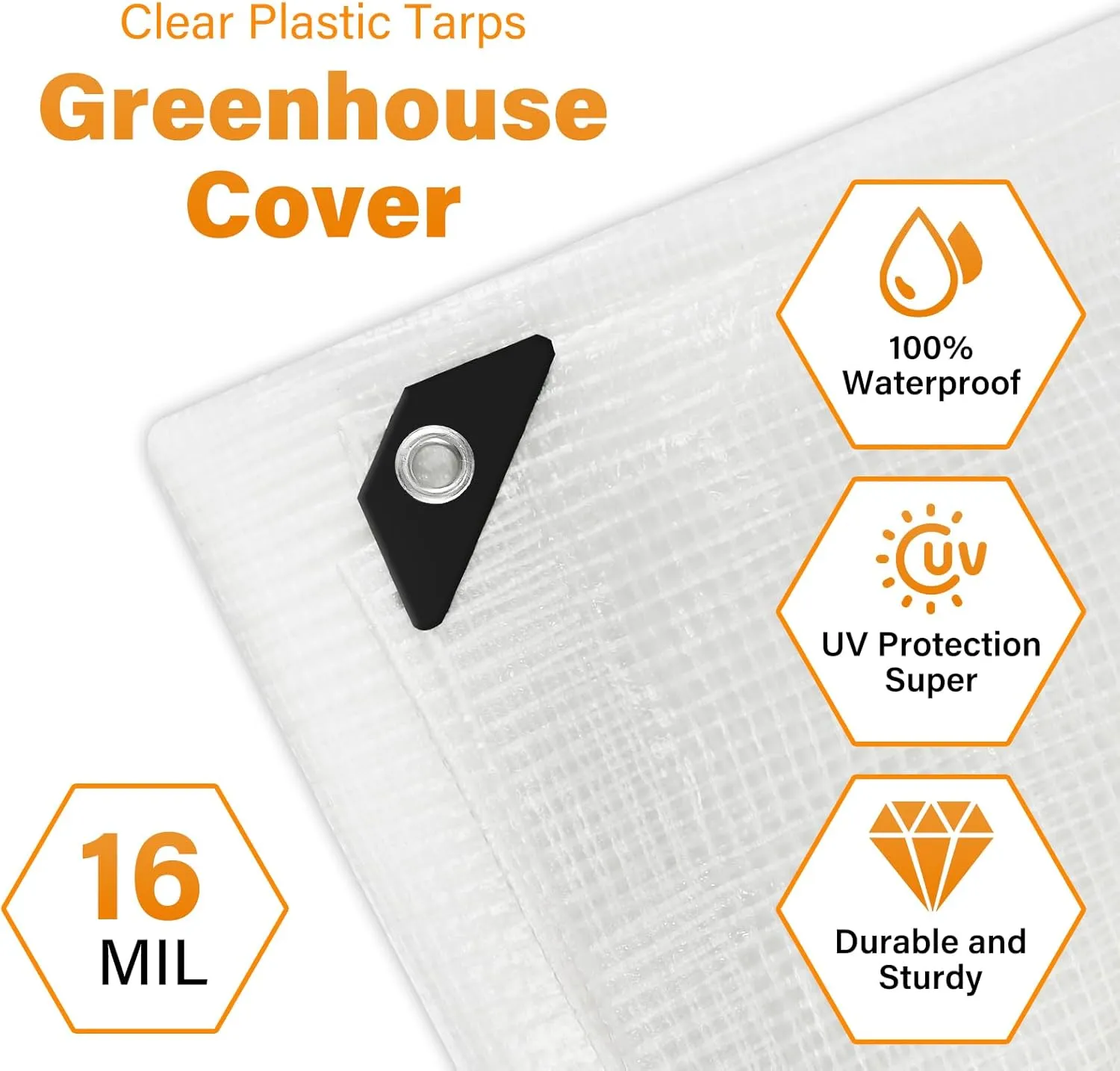 16 Mil Greenhouse Cover,Clear Plastic Tarps Heavy Duty Waterproof 10x20,UV Resistant Poly Clear Tarps with Grommets, Greenhouse Heavy Duty Tarp for Gardening, Farming, Nursery, Garden