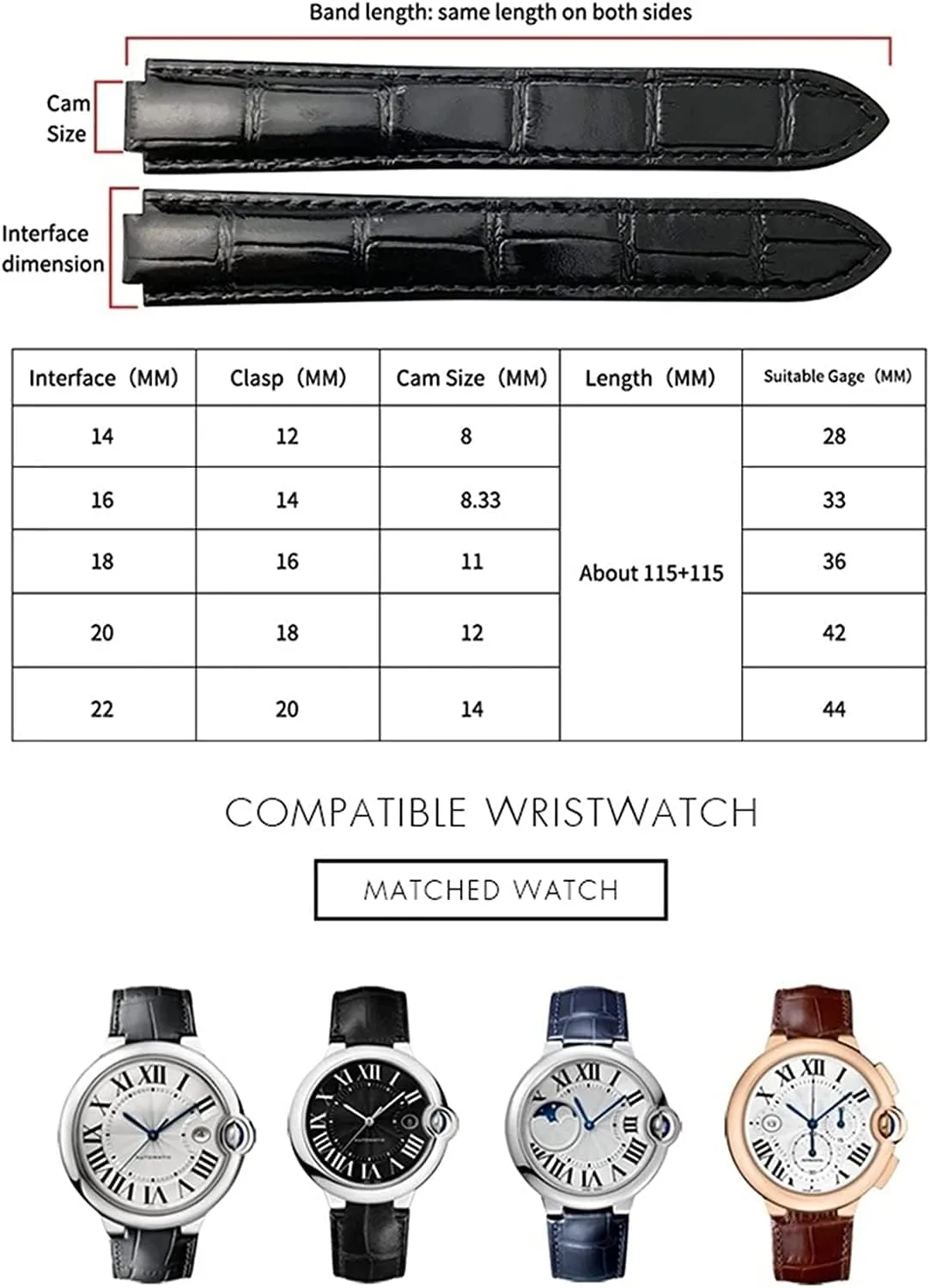 16mm 18mm 20mm Genuine Leather Watch Strap With Folding Buckle Watch Bands For Cartier Tank Solo Blue Ballon