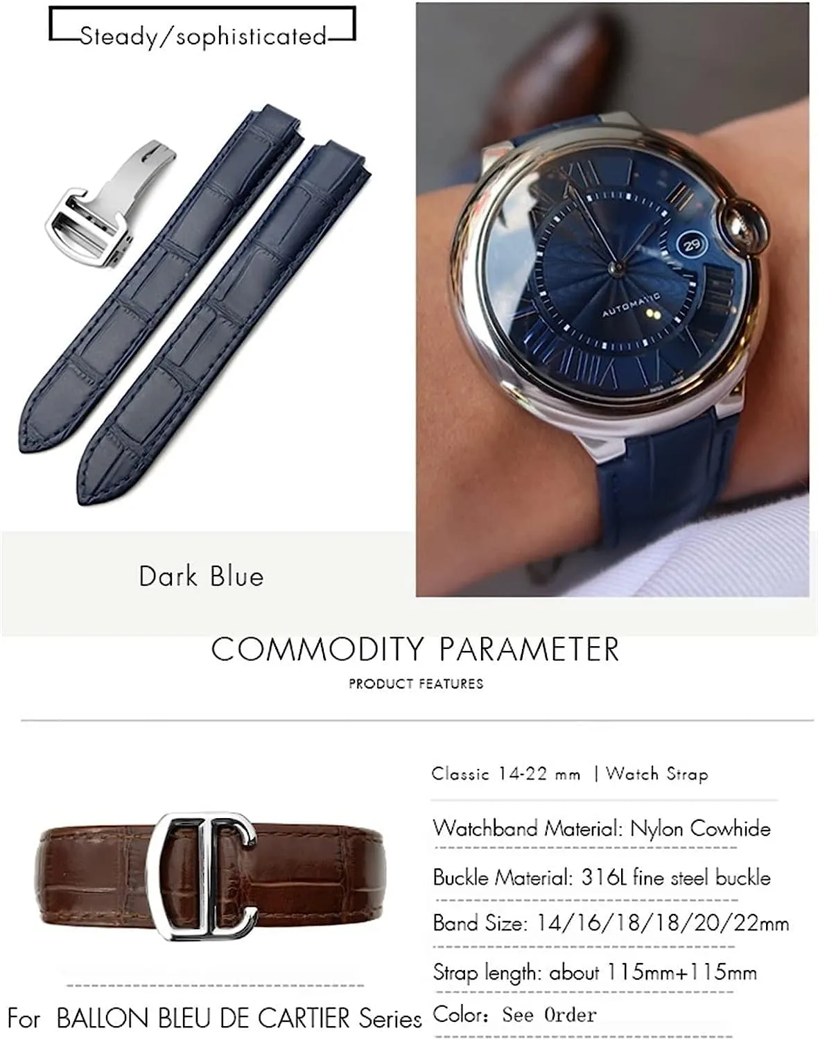 16mm 18mm 20mm Genuine Leather Watch Strap With Folding Buckle Watch Bands For Cartier Tank Solo Blue Ballon
