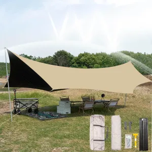 18×14ft Camping Tarp Rain Fly, Waterproof Camping Awning with 3 Poles UV Awning Canopy Ideal to Enjoy with Family and Friends for Hiking, Picnic and Outdoor Activities (Color : Beach Gold, Size : 17