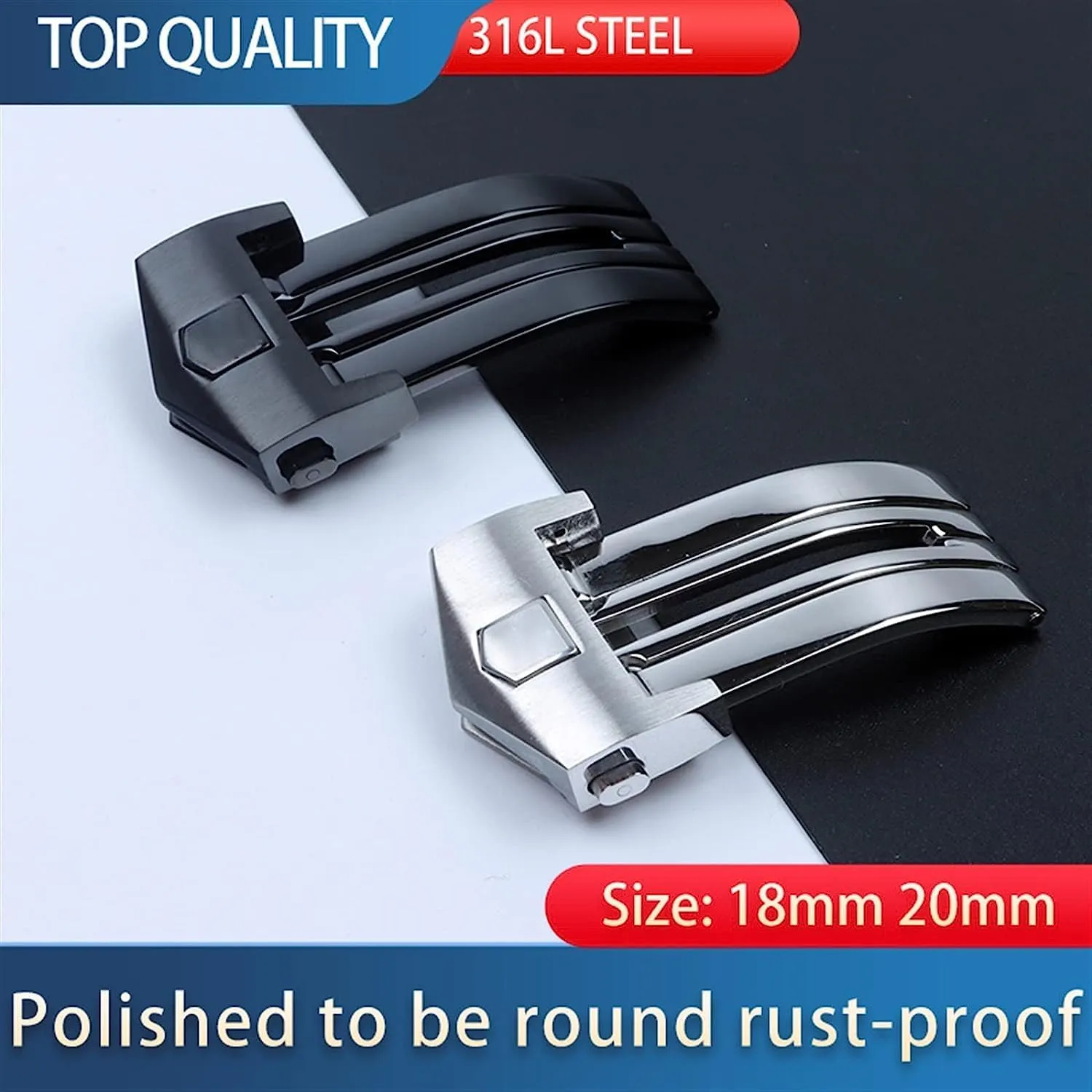 18mm 20mm 316L Stainless Steel Folding Butterfly Buckle Silver Black Watch Band for TAG Clasp for HEUER Carrera Clasp