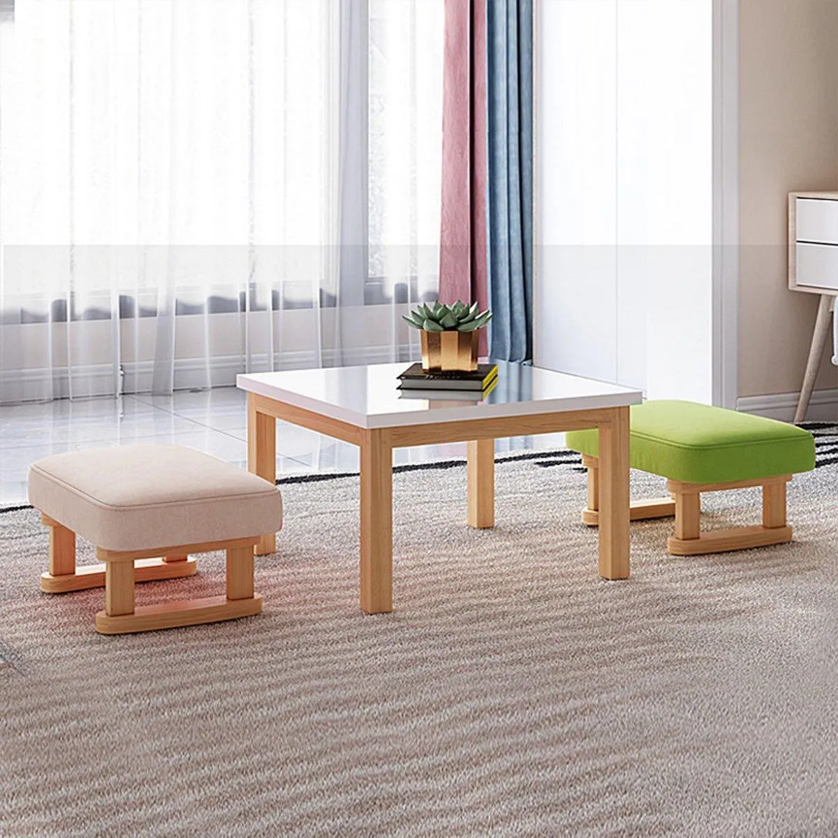 1PC Small Solid Wood Fabric Stool Creative Retro Footstool for Living Room Seat