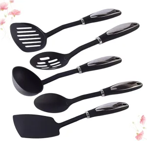 1Set Nylon Kitchenware Set Non Stick Cooking Tools with Stainless Steel Handles for Soup Salad and More Kitchen Shovel Utensils Black