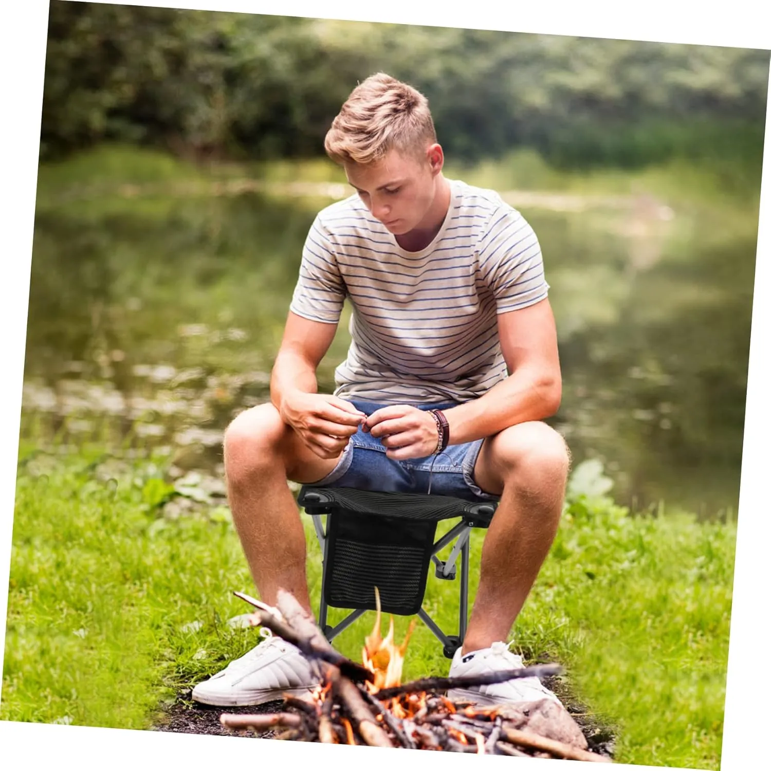 1set Portable Folding Camping Chair with Side Pocket Lightweight Outdoor Stool for Fishing Hiking Travel and Stable Design Quick Setup
