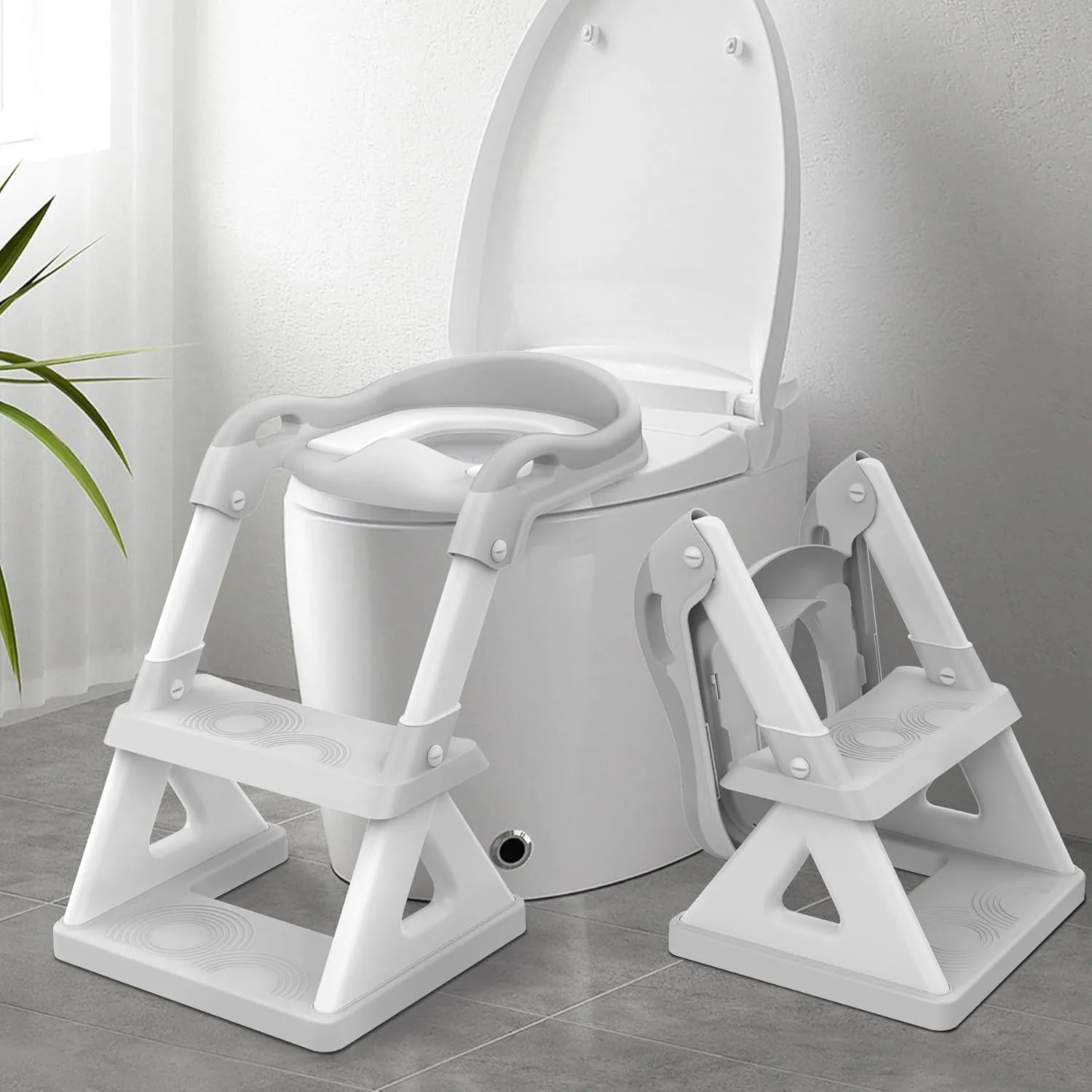 2 In 1 Potty Training Toilet Seat & Toddler Step Stool, Bottom Triangle Stability Toddler Toilet Seat, Adjustable Step & Seat Height Potty Seats for Toddlers Boys Girls (Grey)