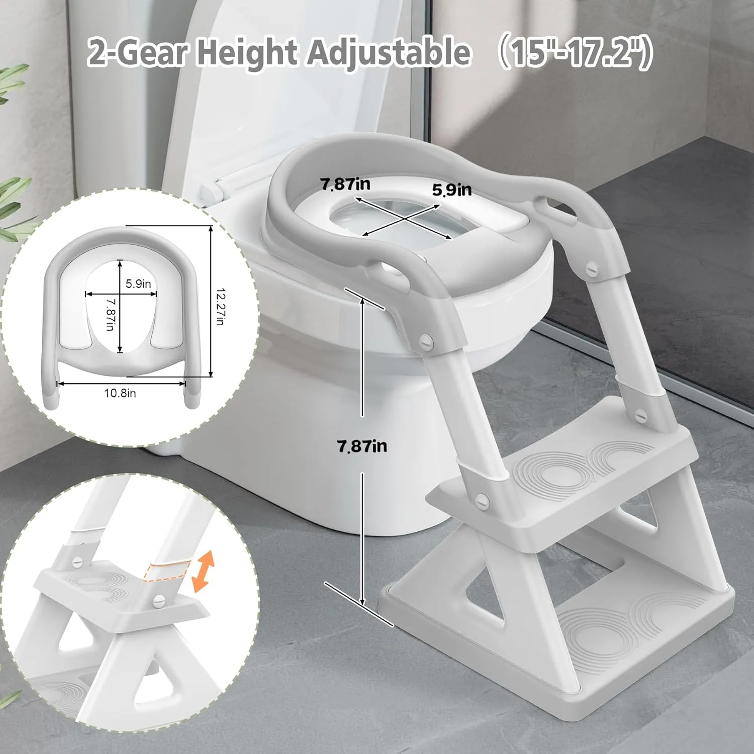 2 In 1 Potty Training Toilet Seat & Toddler Step Stool, Bottom Triangle Stability Toddler Toilet Seat, Adjustable Step & Seat Height Potty Seats for Toddlers Boys Girls (Grey)
