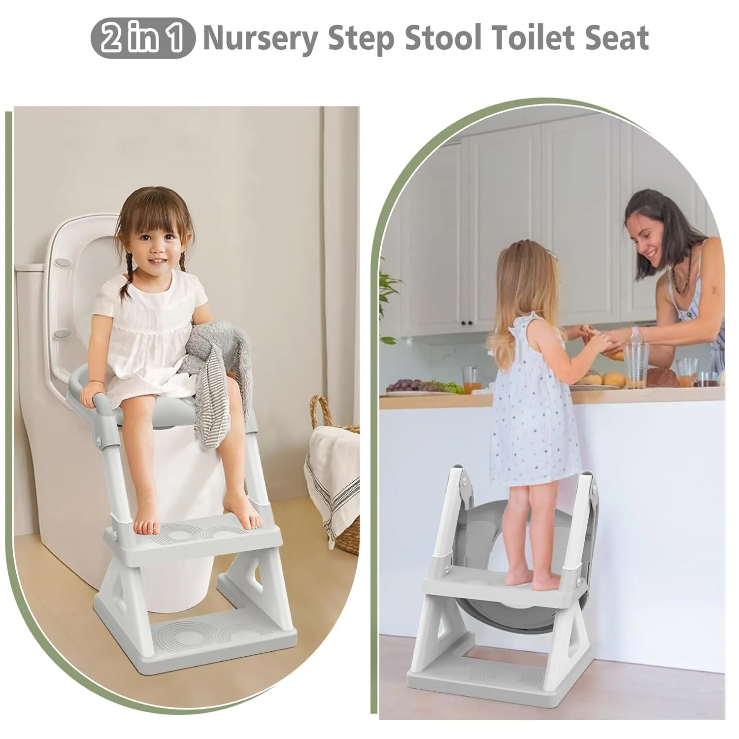 2 In 1 Potty Training Toilet Seat & Toddler Step Stool, Bottom Triangle Stability Toddler Toilet Seat, Adjustable Step & Seat Height Potty Seats for Toddlers Boys Girls (Grey)
