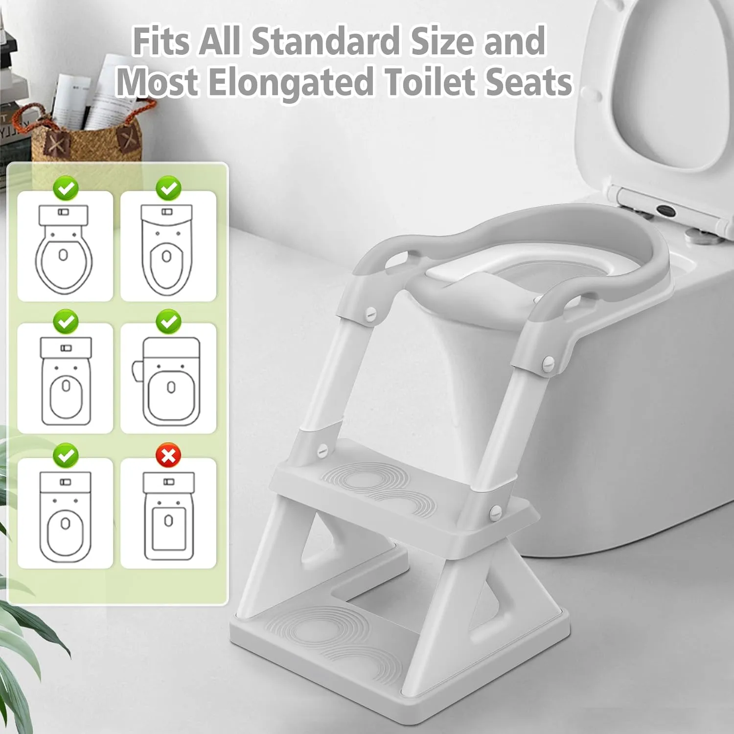 2 In 1 Potty Training Toilet Seat & Toddler Step Stool, Bottom Triangle Stability Toddler Toilet Seat, Adjustable Step & Seat Height Potty Seats for Toddlers Boys Girls (Grey)