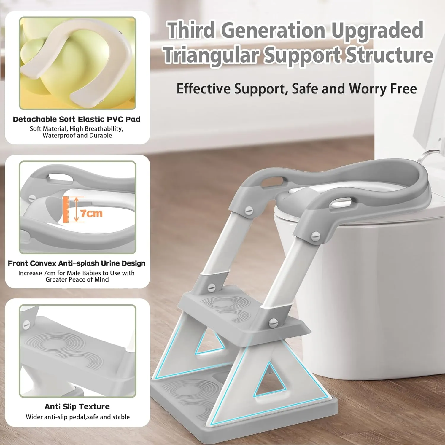 2 In 1 Potty Training Toilet Seat & Toddler Step Stool, Bottom Triangle Stability Toddler Toilet Seat, Adjustable Step & Seat Height Potty Seats for Toddlers Boys Girls (Grey)