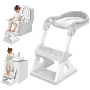 2 In 1 Potty Training Toilet Seat & Toddler Step Stool, Bottom Triangle Stability Toddler Toilet Seat, Adjustable Step & Seat Height Potty Seats for Toddlers Boys Girls (Grey)