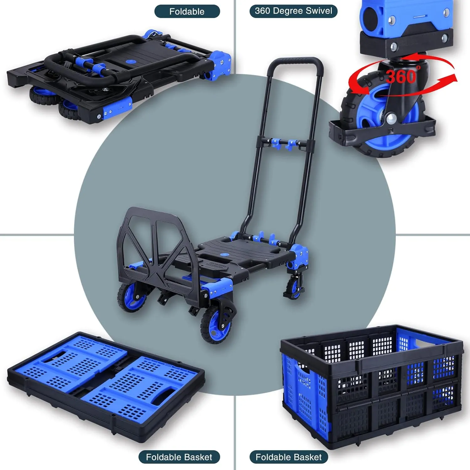 2-in-1Folding Hand Truck Dolly with Folding Basket, 330LBS Capacity Foldable Hand cart,Folding Dolly with Retractable Handle,Hand Truck Foldable with 4 Wheels for Moving