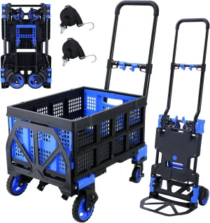 2-in-1Folding Hand Truck Dolly with Folding Basket, 330LBS Capacity Foldable Hand cart,Folding Dolly with Retractable Handle,Hand Truck Foldable with 4 Wheels for Moving