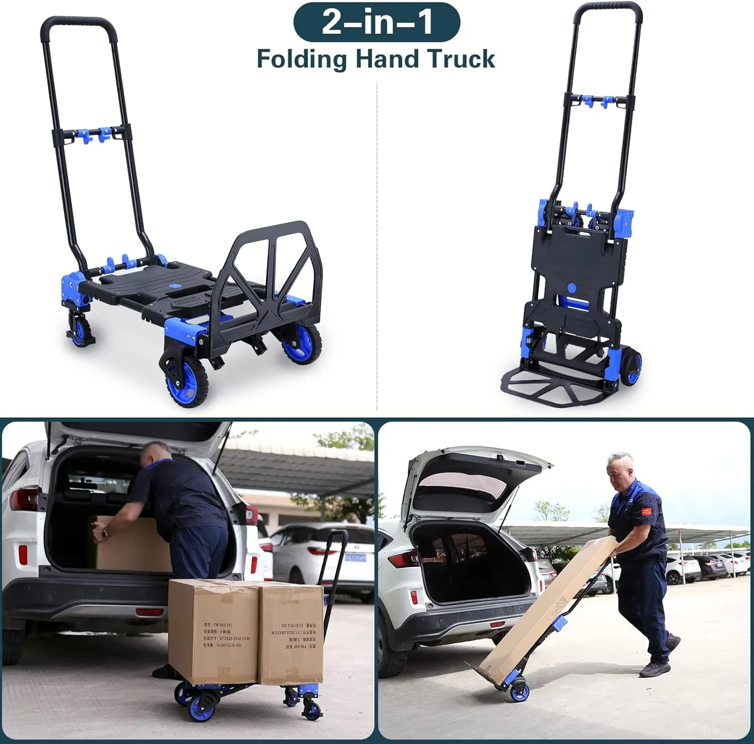 2-in-1Folding Hand Truck Dolly with Folding Basket, 330LBS Capacity Foldable Hand cart,Folding Dolly with Retractable Handle,Hand Truck Foldable with 4 Wheels for Moving