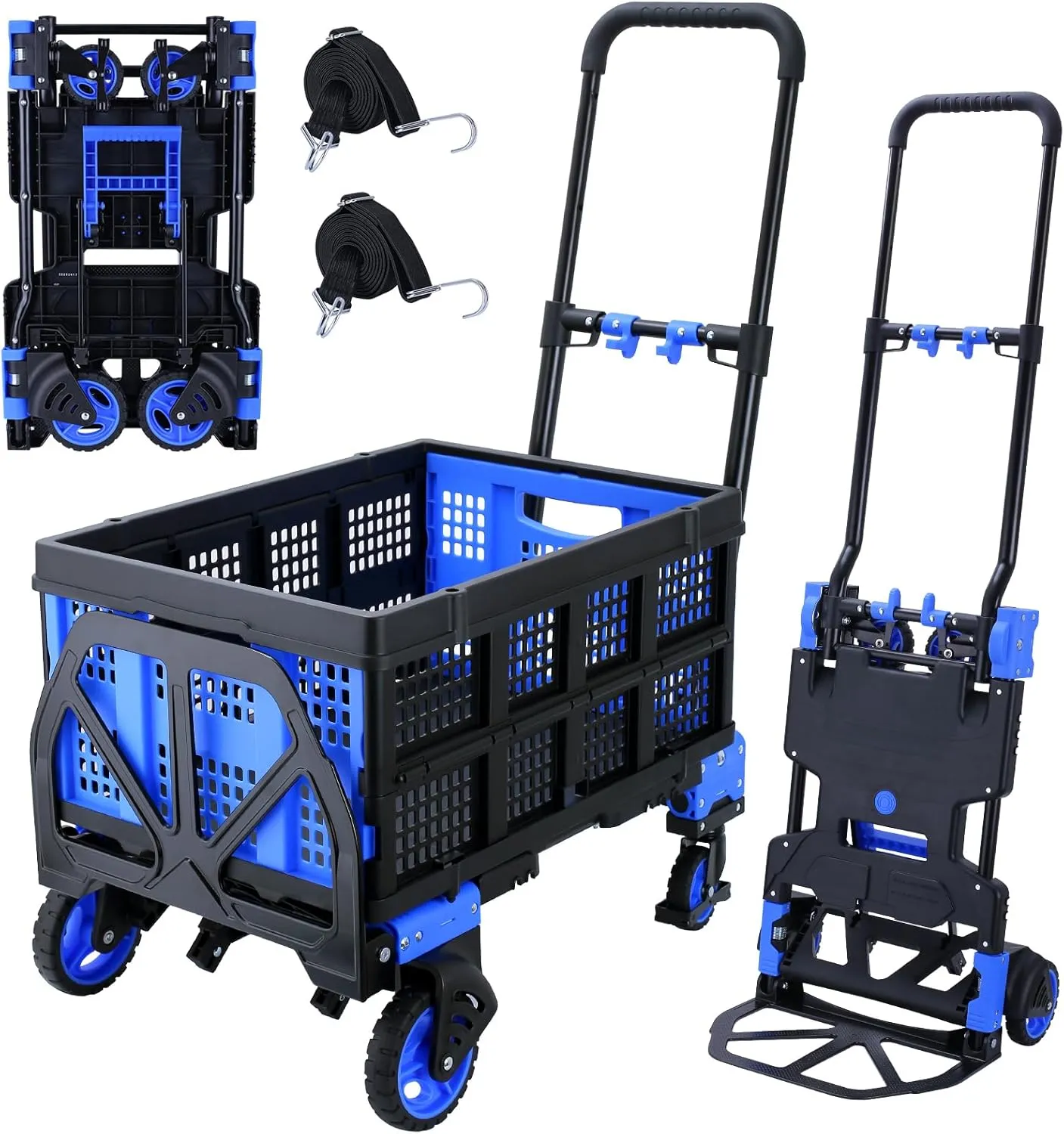 2-in-1Folding Hand Truck Dolly with Folding Basket, 330LBS Capacity Foldable Hand cart,Folding Dolly with Retractable Handle,Hand Truck Foldable with 4 Wheels for Moving
