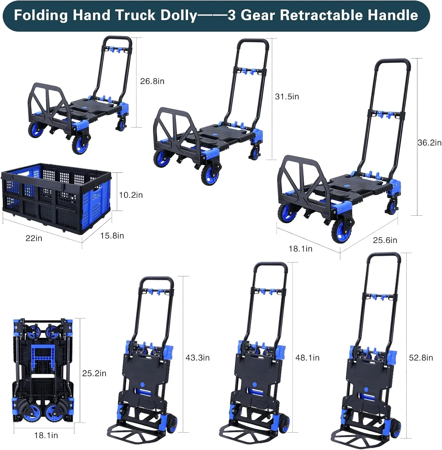 2-in-1Folding Hand Truck Dolly with Folding Basket, 330LBS Capacity Foldable Hand cart,Folding Dolly with Retractable Handle,Hand Truck Foldable with 4 Wheels for Moving