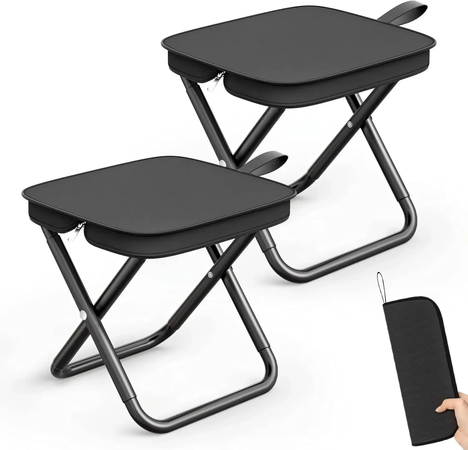 2 Pack Camping Stools, 10.6 Inch Compact Camping Chair, Portable Folding Chair with Carry Bag, Lightweight Folding Stool Seat for Outdoor Hiking, Fishing, Picnic and Party, Hold Up to 220 LB, Black