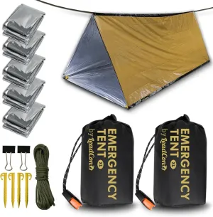 2 Pack Emergency Survival Tent, 2 Person Emergency Shelter Tube Tent All-Weather Protection for Camping, Hiking, & Survival Kits Includes 5 pcs Emergency Blanket Mylar
