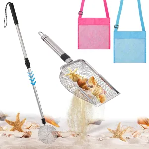 2 Pack Shark Tooth Sifter with Seashell Bags, 21.8in~34in Adjustable Sand Sifter & Beach Shovel, Beach Sand Toys for Kids Adults Picking Up Shells Girls Boys Gifts