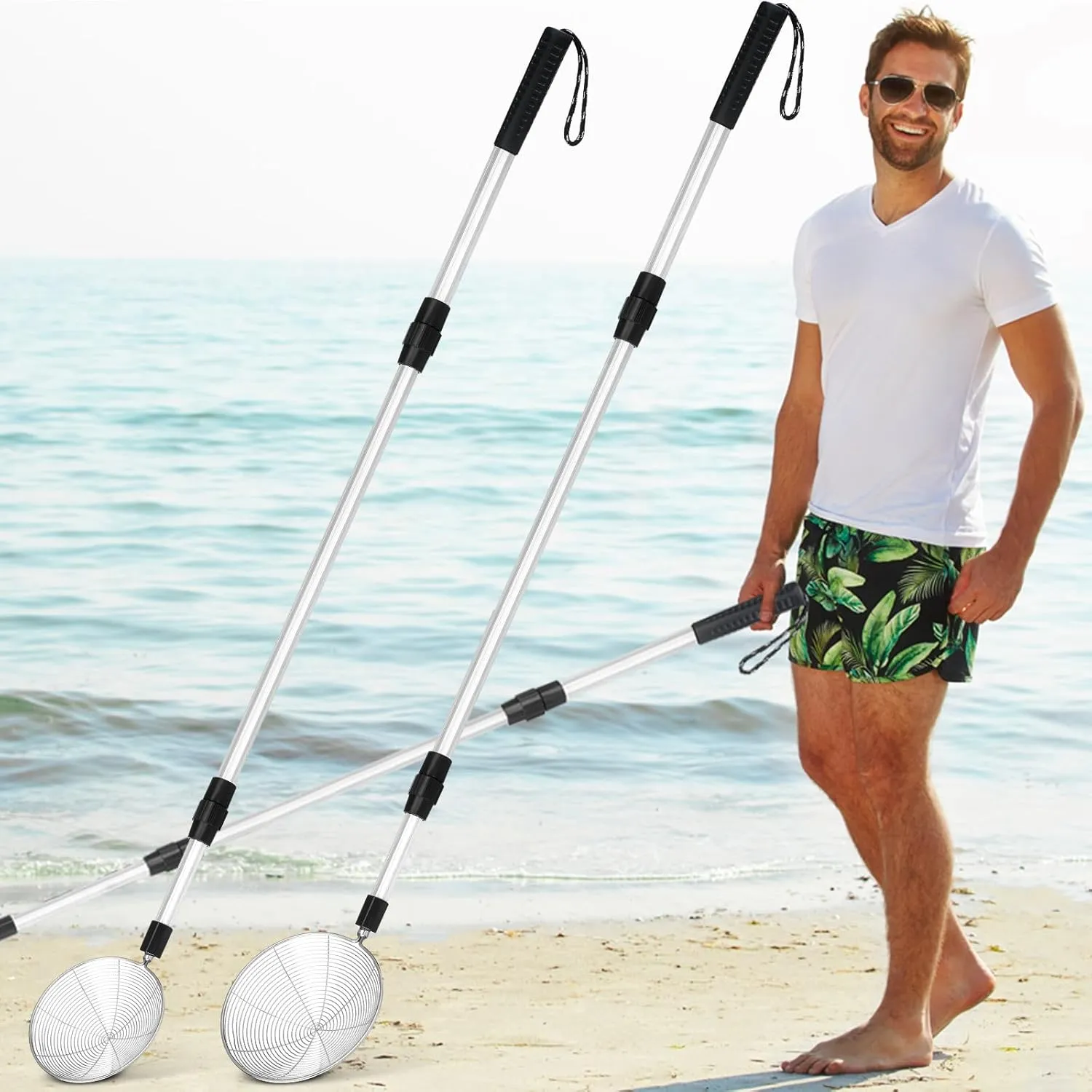 2 Pcs Full Size Beach Scoop Shovel Adjustable from 35" to 64" Sand Sifter for The Beach Sand Shovel Include 4. 5" and 6. 1" Basket Reliable Sifter Tool for Beachcombing Walking Hiking