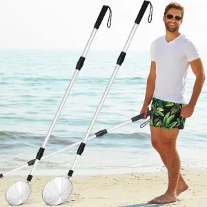 2 Pcs Full Size Beach Scoop Shovel Adjustable from 35" to 64" Sand Sifter for The Beach Sand Shovel Include 4. 5" and 6. 1" Basket Reliable Sifter Tool for Beachcombing Walking Hiking
