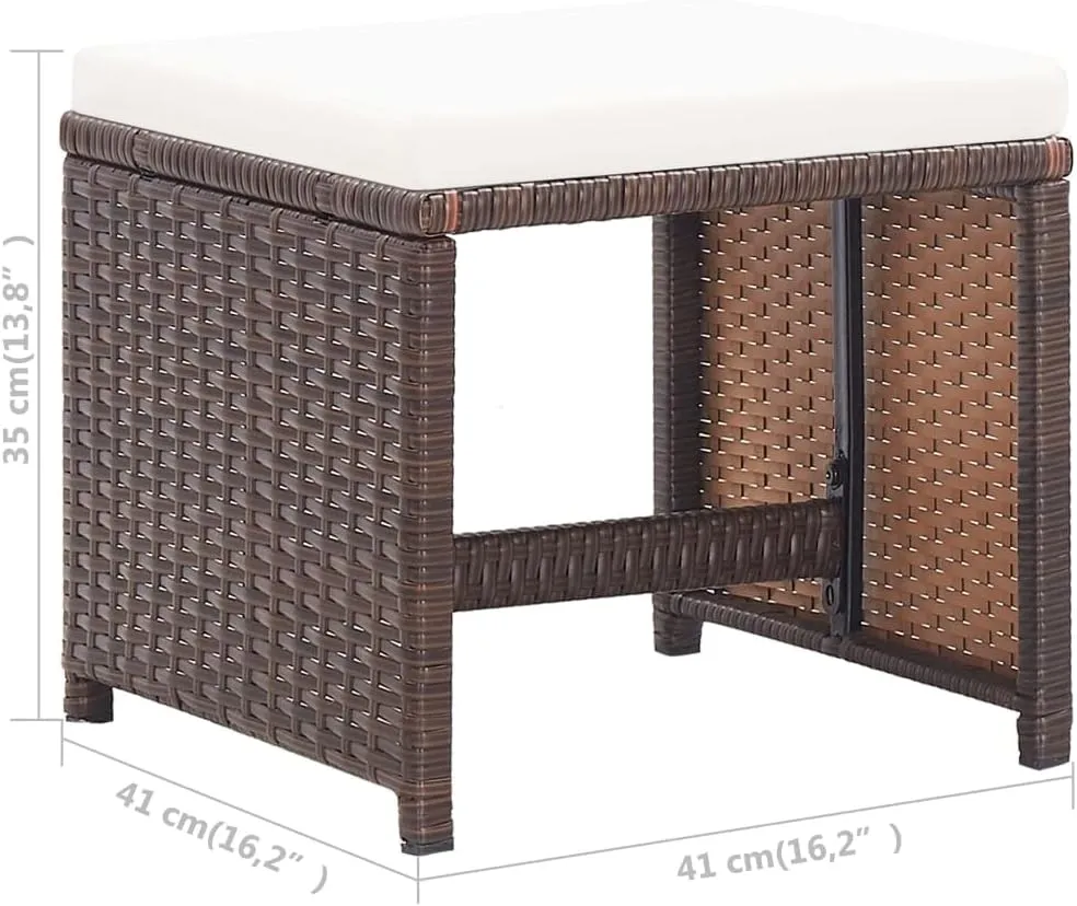 2-Piece Patio Stool Set with Cushions, Poly Rattan Outdoor Chairs Brown, 16.1"x16.1"x13.8" Modern Low-Maintenance Furniture for Garden, Terrace, Poolside