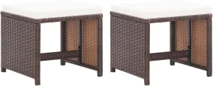2-Piece Patio Stool Set with Cushions, Poly Rattan Outdoor Chairs Brown, 16.1"x16.1"x13.8" Modern Low-Maintenance Furniture for Garden, Terrace, Poolside