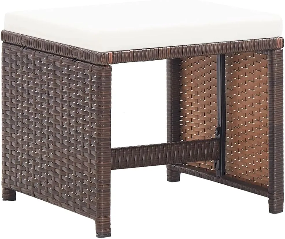 2-Piece Patio Stool Set with Cushions, Poly Rattan Outdoor Chairs Brown, 16.1"x16.1"x13.8" Modern Low-Maintenance Furniture for Garden, Terrace, Poolside