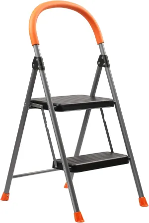 2 Step Ladder Folding Step Stool, 330lbs Heavy-Duty Steel Ladder with Anti-Slip Wide Pedals & Comfort Handgrip, Lightweight & Portable for Home, Kitchen, Garage