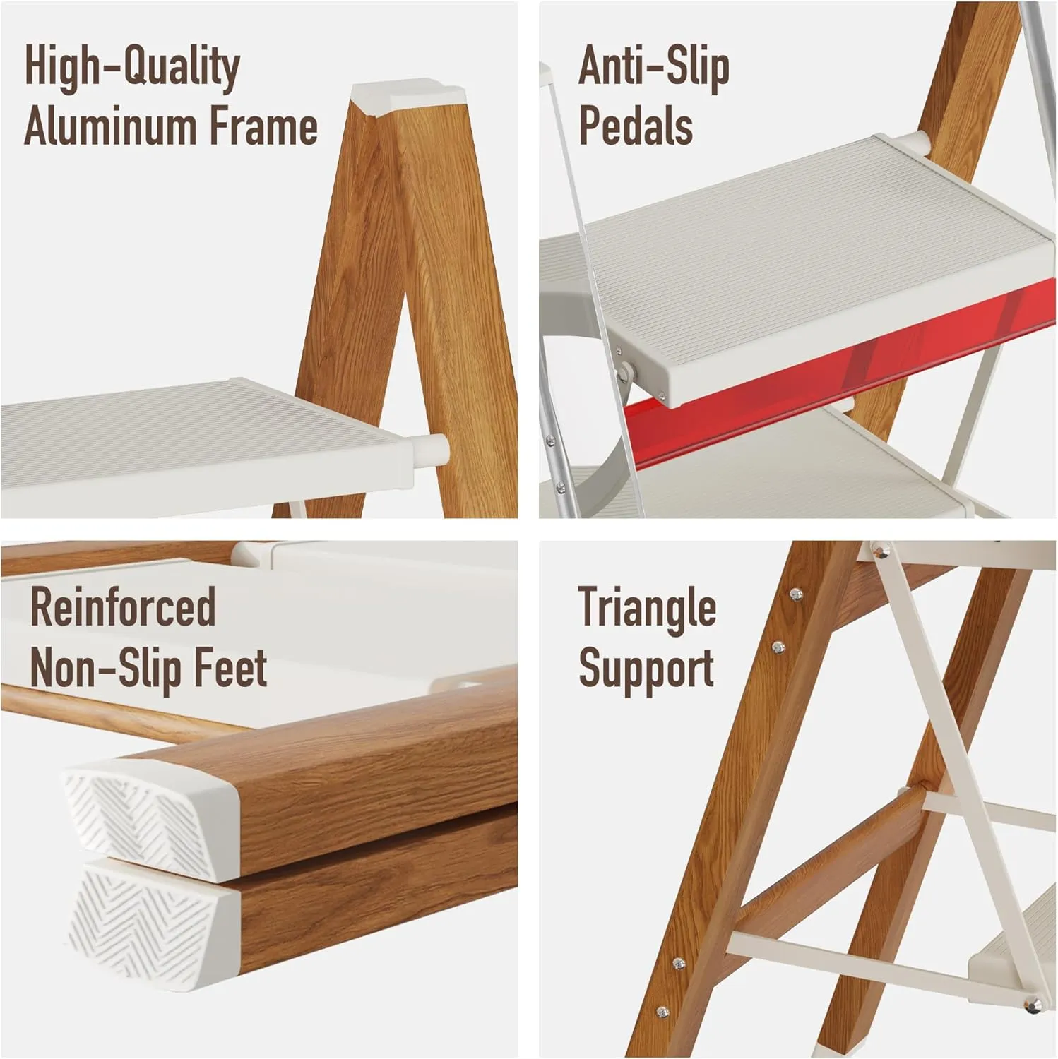 2 Step Lightweight Aluminum Folding Ladder, Portable Step Stool with Anti-Slip Pedals, 330 lbs Capacity for Home, Office, Kitchen（White&Woodgrain）