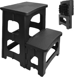 2 Step Stool Foldable, Folding Step Chair with 8" & 17" Dual Heights, 300 lbs. Load, Non-Slip Steps Ladder Collapsible Stools for Adults Kids, Step Stool for Kitchen, Bathroom, RV, Bedroom