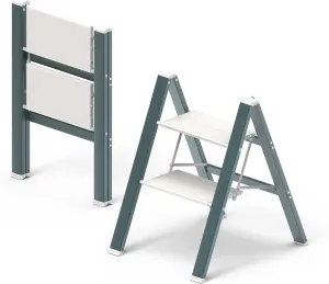 2 Step Stool Foldable for Adults, Lightweight Aluminum Step Ladder Folding Step Stool with Anti-Slip Wide Steps, Ideal for Kitchen, Closet, Bedroom, 330 lbs Capacity (Green & White)