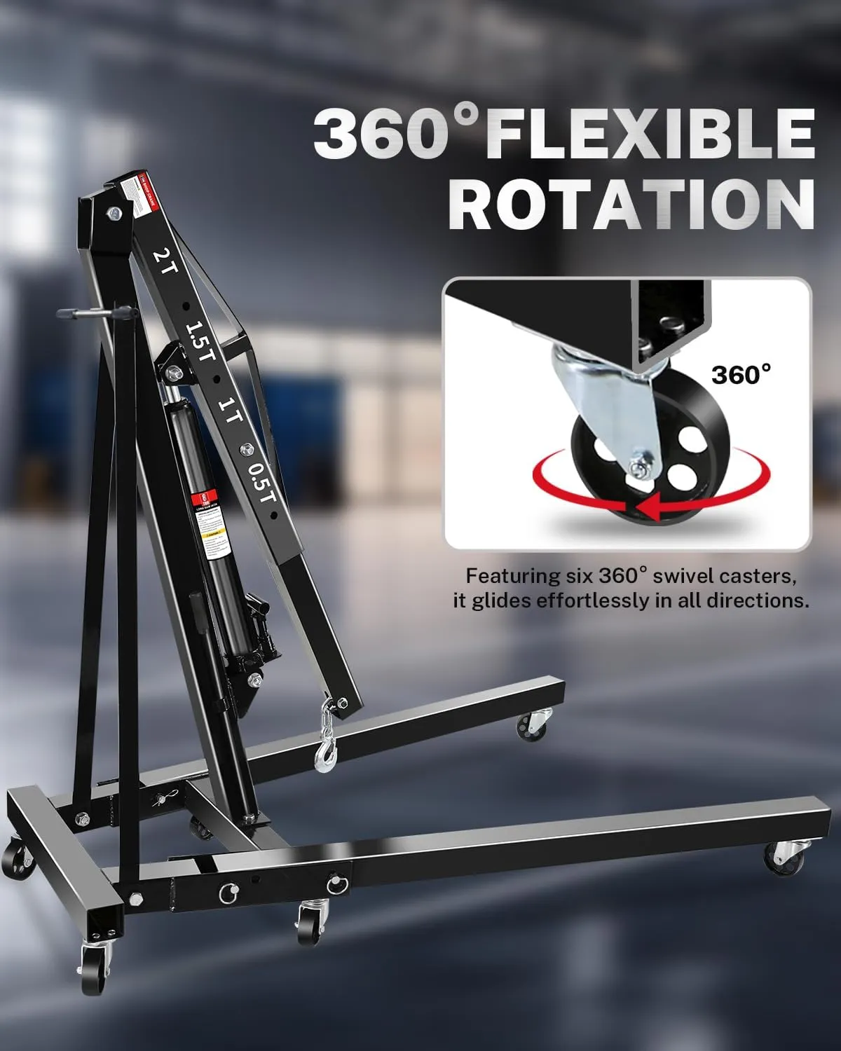 2-Ton Folding Engine Hoist, Hydraulic Shop Crane with 6 Swivel Wheels & Adjustable Boom (0.5T-2T), Heavy-Duty Cherry Picker for Garage, Workshop, Truck, Farm, Auto Repair (Net Wt. 157 lbs)