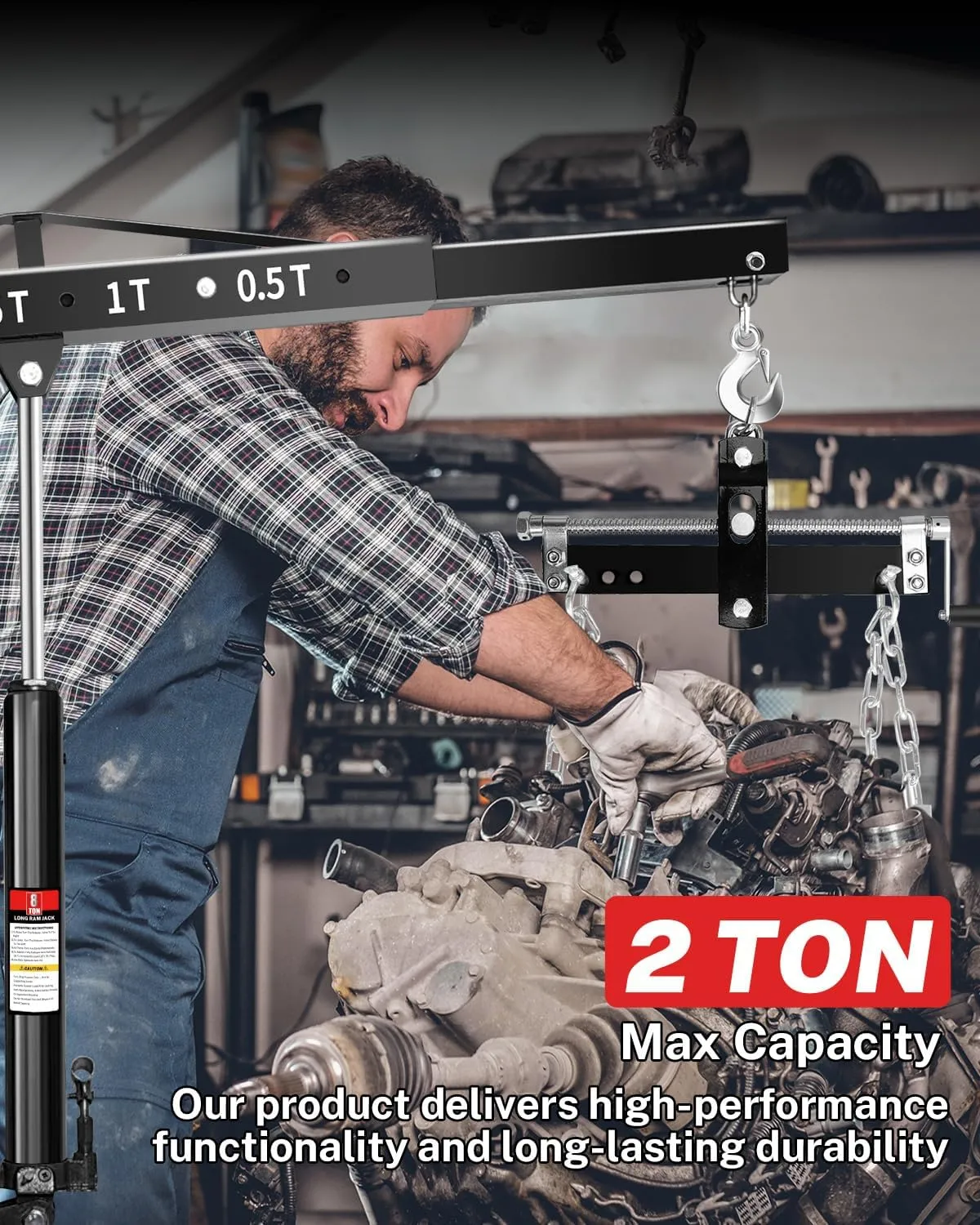 2-Ton Folding Engine Hoist, Hydraulic Shop Crane with 6 Swivel Wheels & Adjustable Boom (0.5T-2T), Heavy-Duty Cherry Picker for Garage, Workshop, Truck, Farm, Auto Repair (Net Wt. 157 lbs)