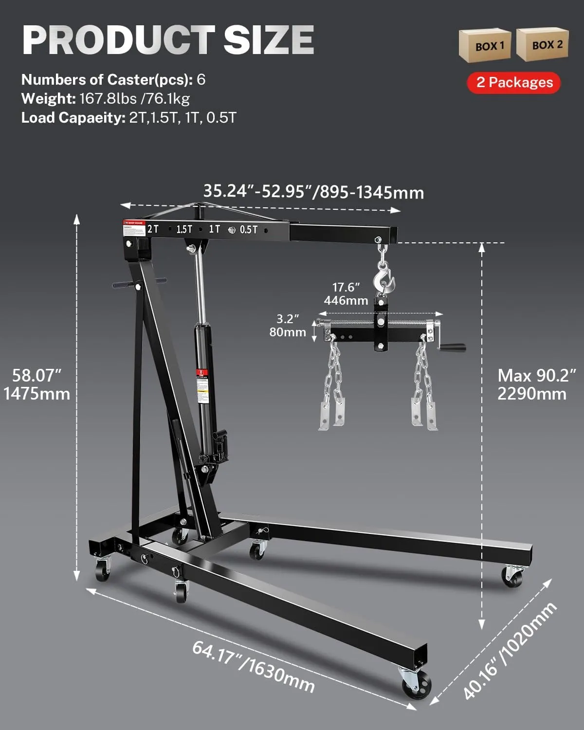 2-Ton Folding Engine Hoist, Hydraulic Shop Crane with 6 Swivel Wheels & Adjustable Boom (0.5T-2T), Heavy-Duty Cherry Picker for Garage, Workshop, Truck, Farm, Auto Repair (Net Wt. 157 lbs)
