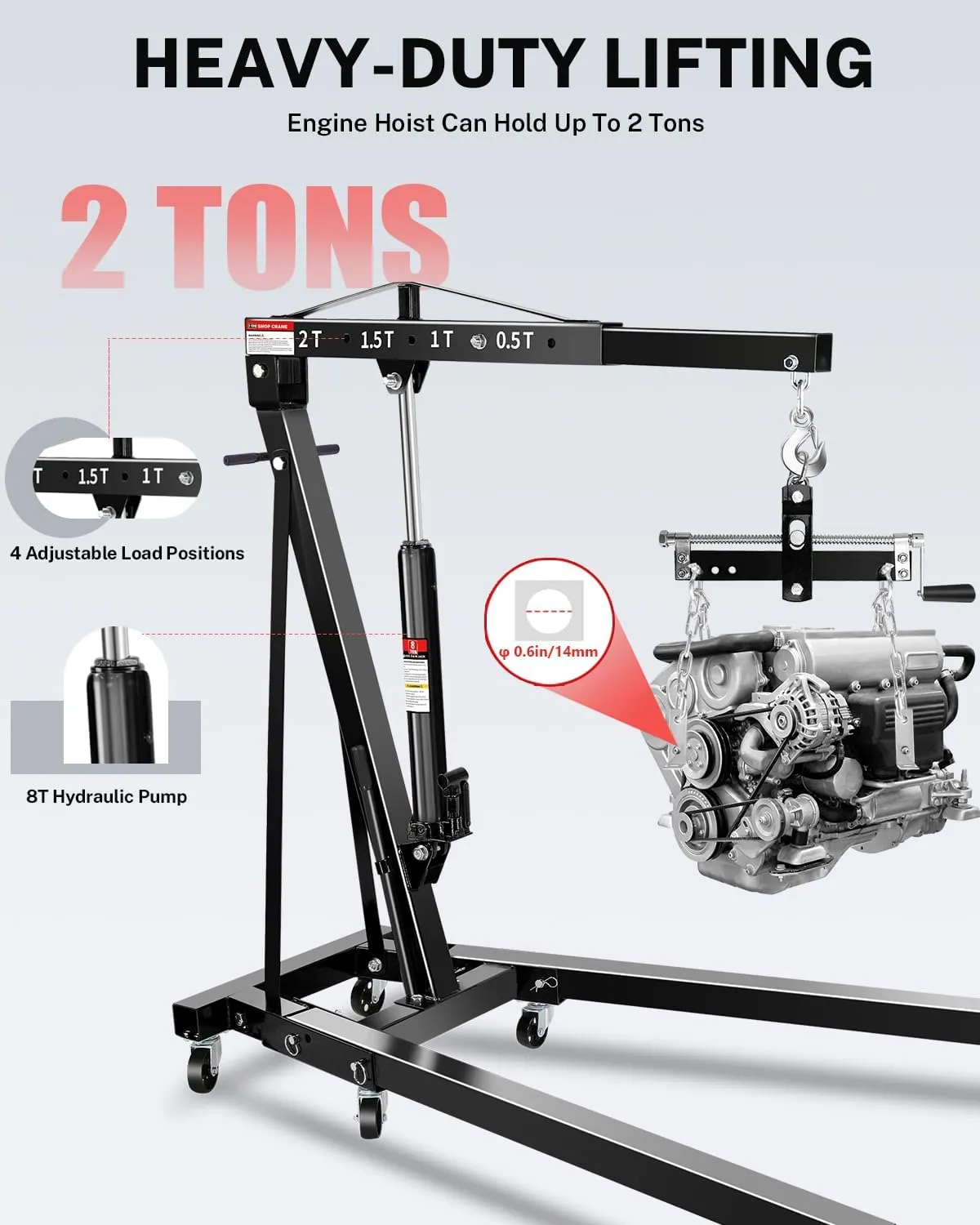 2-Ton Folding Engine Hoist, Hydraulic Shop Crane with 6 Swivel Wheels & Adjustable Boom (0.5T-2T), Heavy-Duty Cherry Picker for Garage, Workshop, Truck, Farm, Auto Repair (Net Wt. 157 lbs)