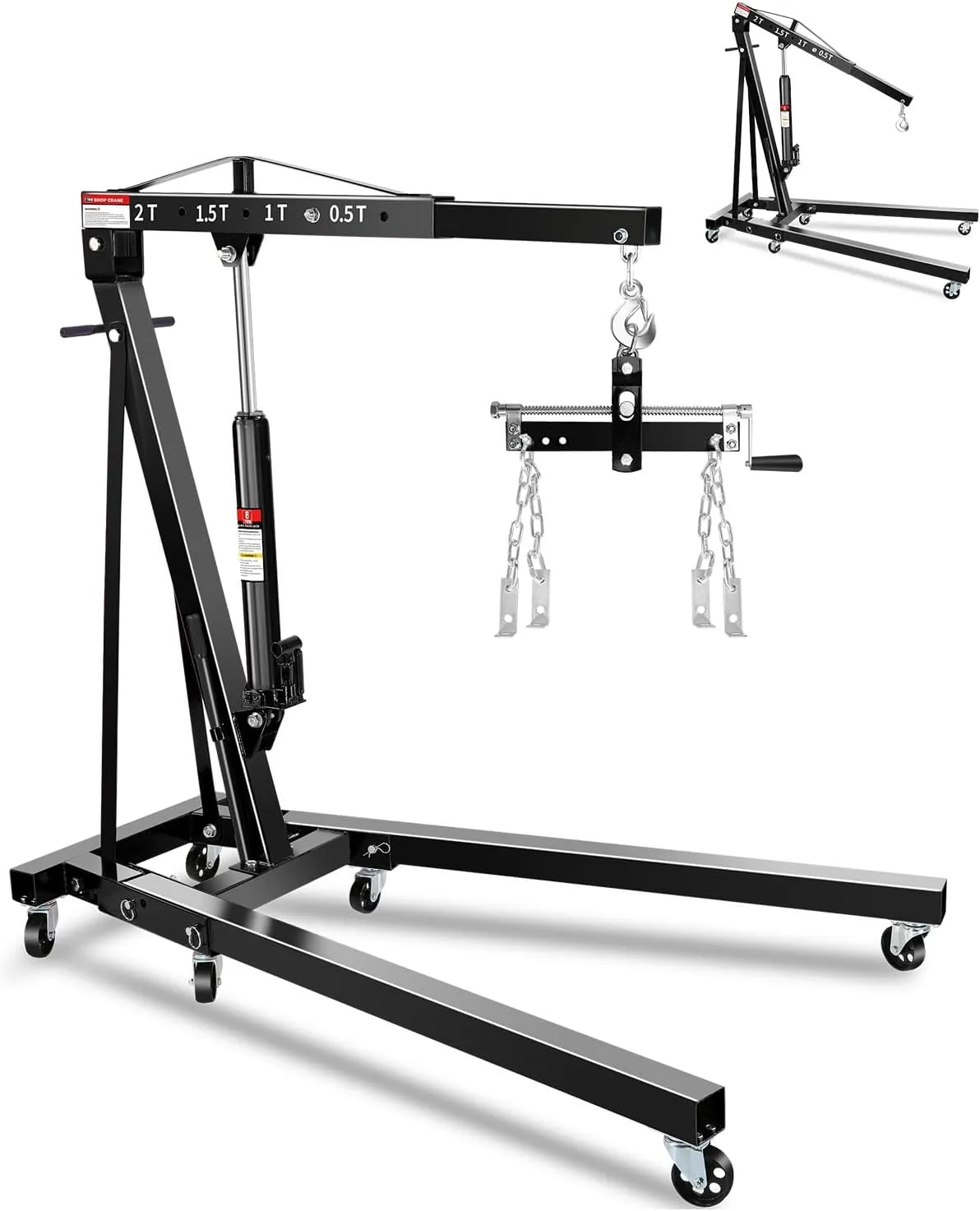 2-Ton Folding Engine Hoist, Hydraulic Shop Crane with 6 Swivel Wheels & Adjustable Boom (0.5T-2T), Heavy-Duty Cherry Picker for Garage, Workshop, Truck, Farm, Auto Repair (Net Wt. 157 lbs)