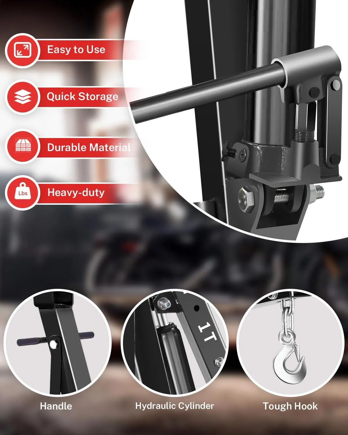 2-Ton Folding Engine Hoist, Hydraulic Shop Crane with 6 Swivel Wheels & Adjustable Boom (0.5T-2T), Heavy-Duty Cherry Picker for Garage, Workshop, Truck, Farm, Auto Repair (Net Wt. 157 lbs)